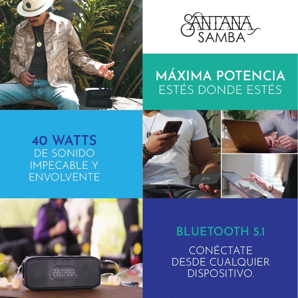 Santana Samba Parlante Bluetooth 40W – Sonido Potente, 24H de Batería y Resistente al Agua